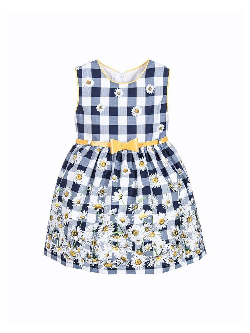 Girls Blue Check Dress with Daisies